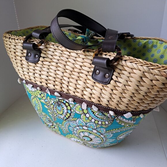 VERA BRADLEY Peacock Straw Tote Beach Pool Turquoise Green Seashells 2 Handles - Picture 11 of 15